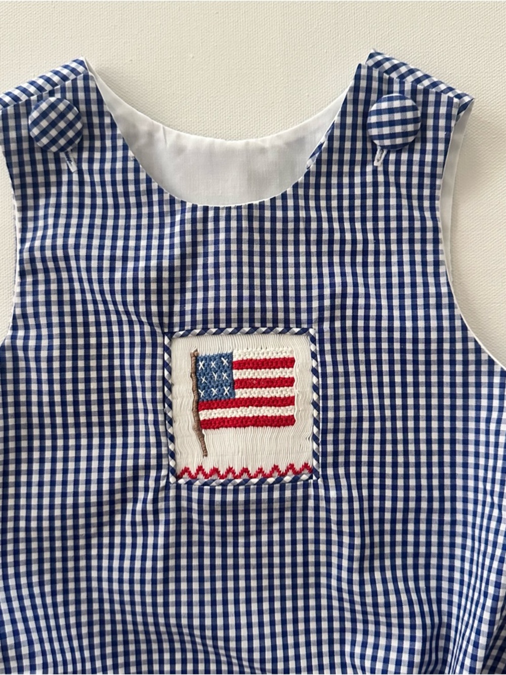 Stitchy Fish 6 Months Baby Boy Blue Plaid Smocked Romper American Flag Patriotic - Picture 2 of 5